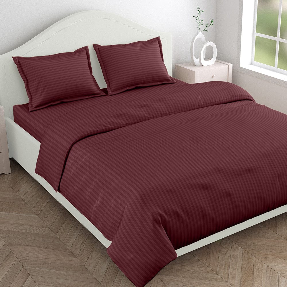 Wine Satin Stripes King Fitted Bedsheet, 210 TC