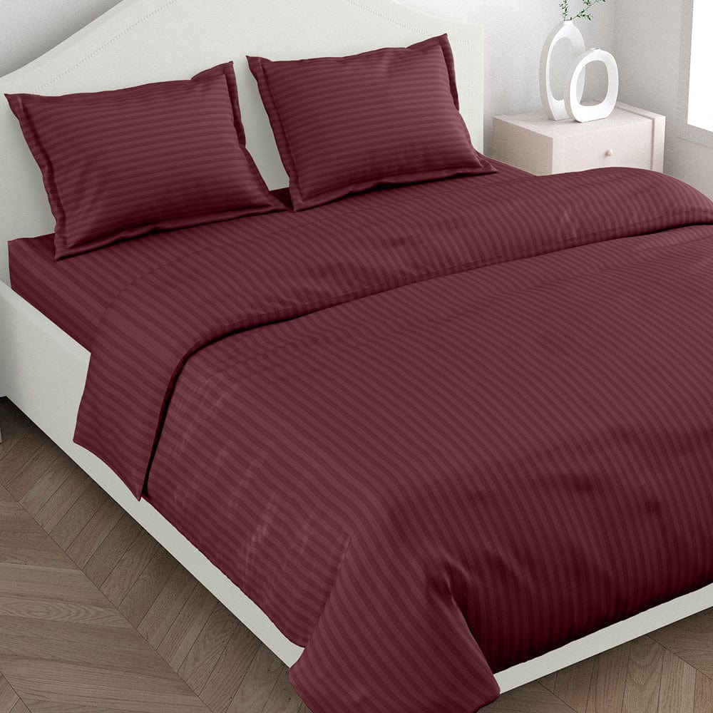 Wine Satin Stripes King Fitted Bedsheet, 210 TC