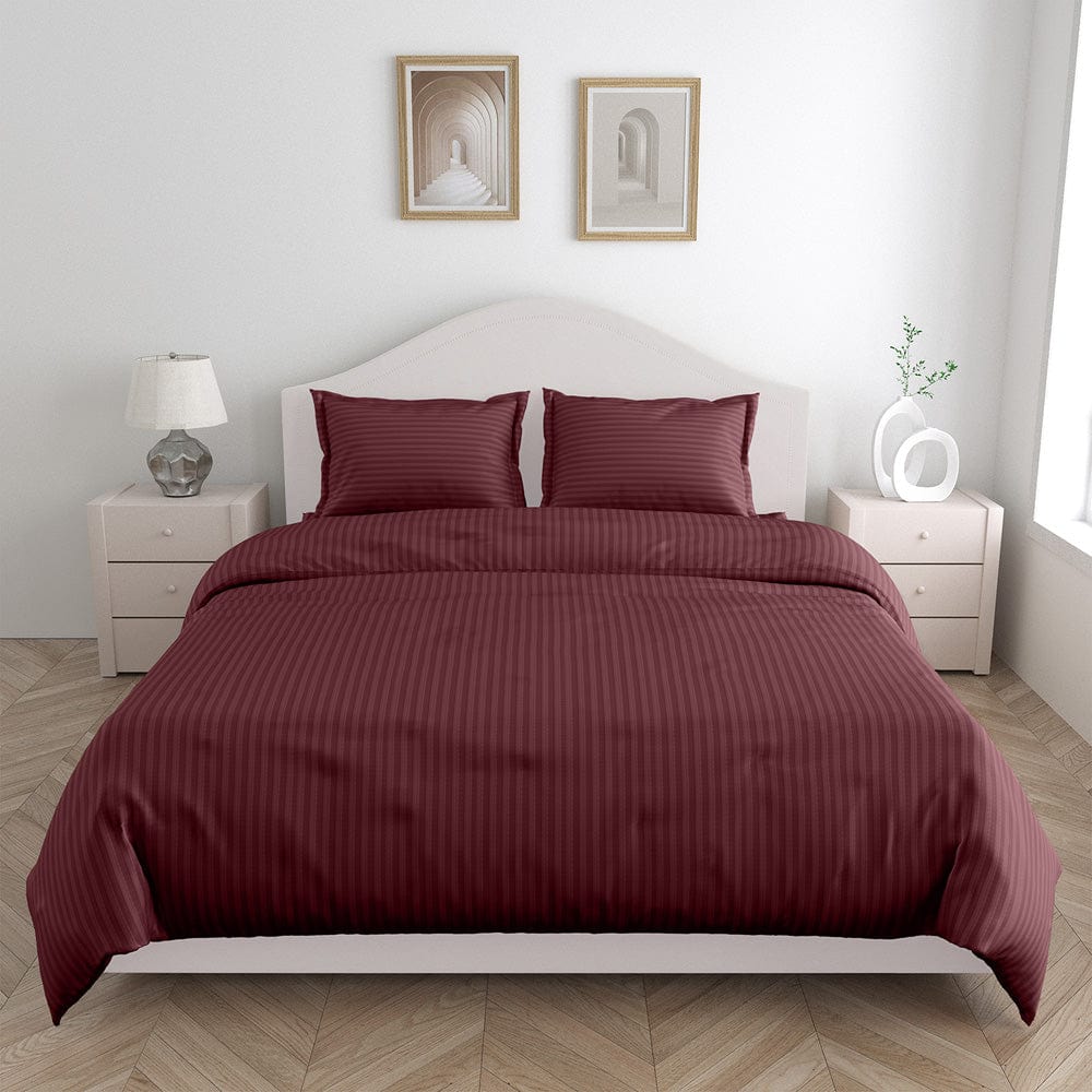Wine Satin Stripes King Fitted Bedsheet, 210 TC