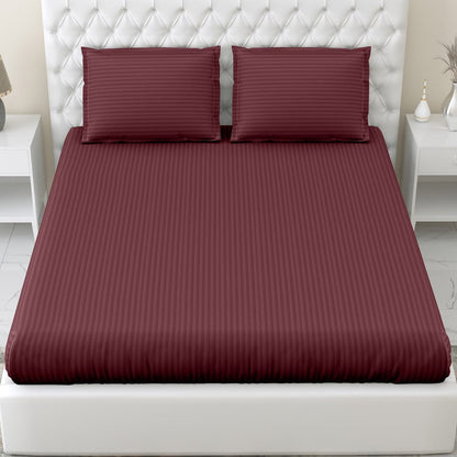 Wine Satin Stripes King Bedsheet, 210 TC