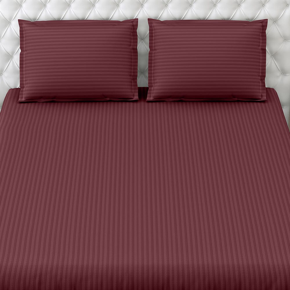 Wine Satin Stripes King Fitted Bedsheet, 210 TC