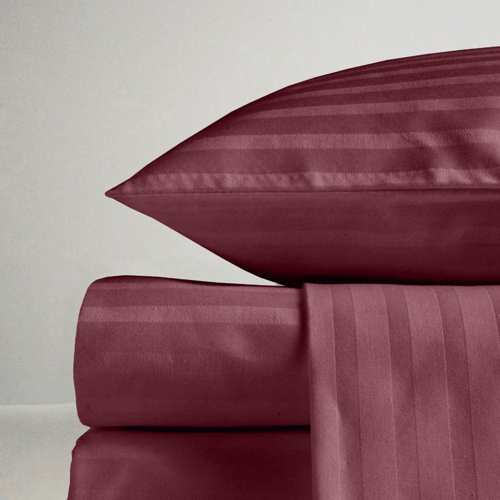Wine Satin Stripes King Fitted Bedsheet, 210 TC