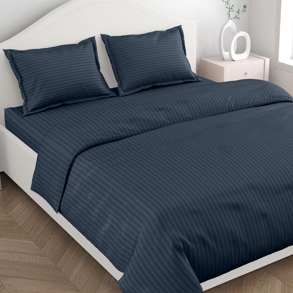 Navy Blue Satin Stripes King Bedsheet, 210 TC