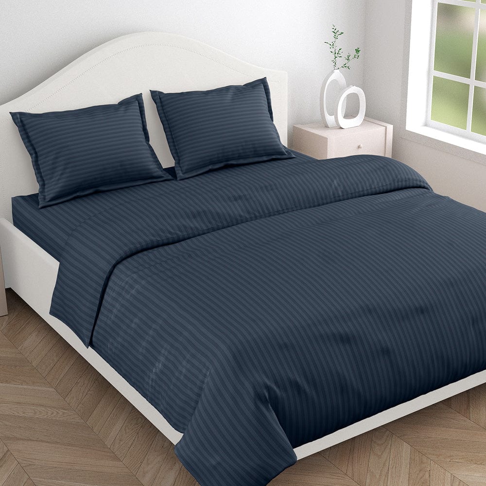 Navy Blue Satin Stripes Double Bedsheet, 210 TC