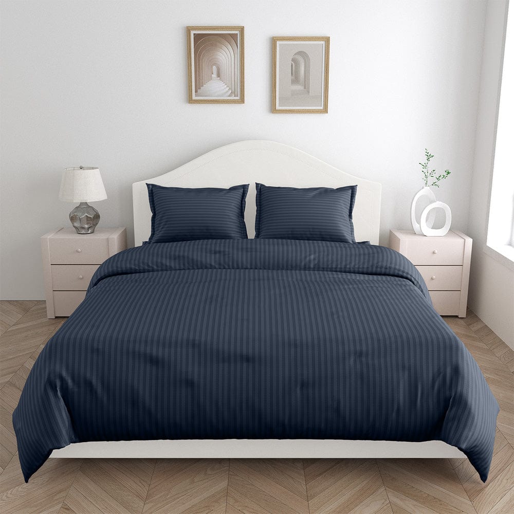 Navy Blue Satin Stripes King Bedsheet, 210 TC