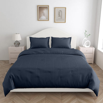 Navy Blue Satin Stripes Double Bedsheet, 210 TC