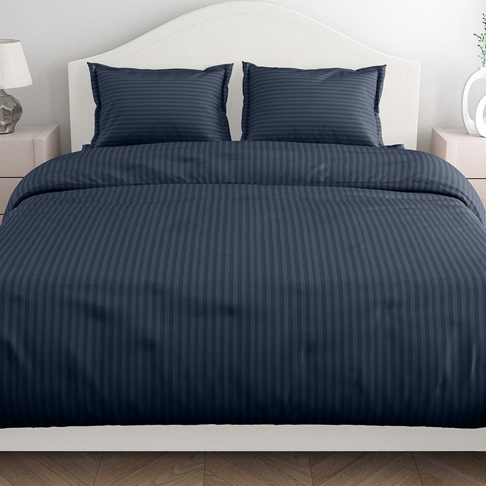 Navy Blue Satin Stripes Double Bedsheet, 210 TC