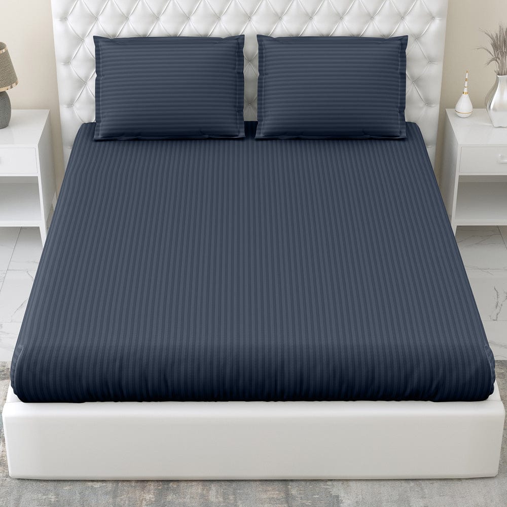 Navy Blue Satin Stripes King Bedsheet, 210 TC