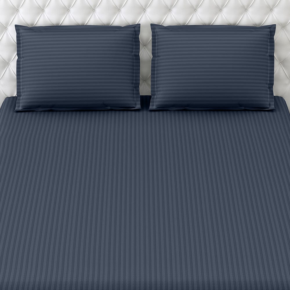 Navy Blue Satin Stripes Double Bedsheet, 210 TC