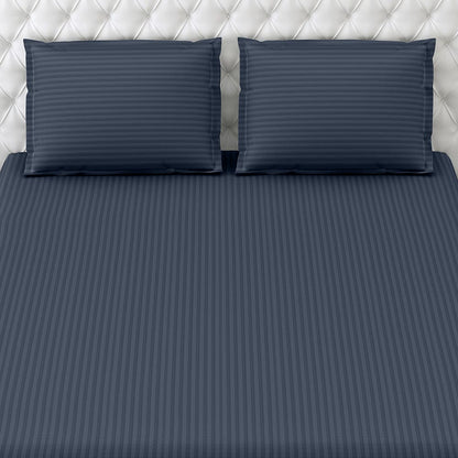 Navy Blue Satin Stripes King Bedsheet, 210 TC