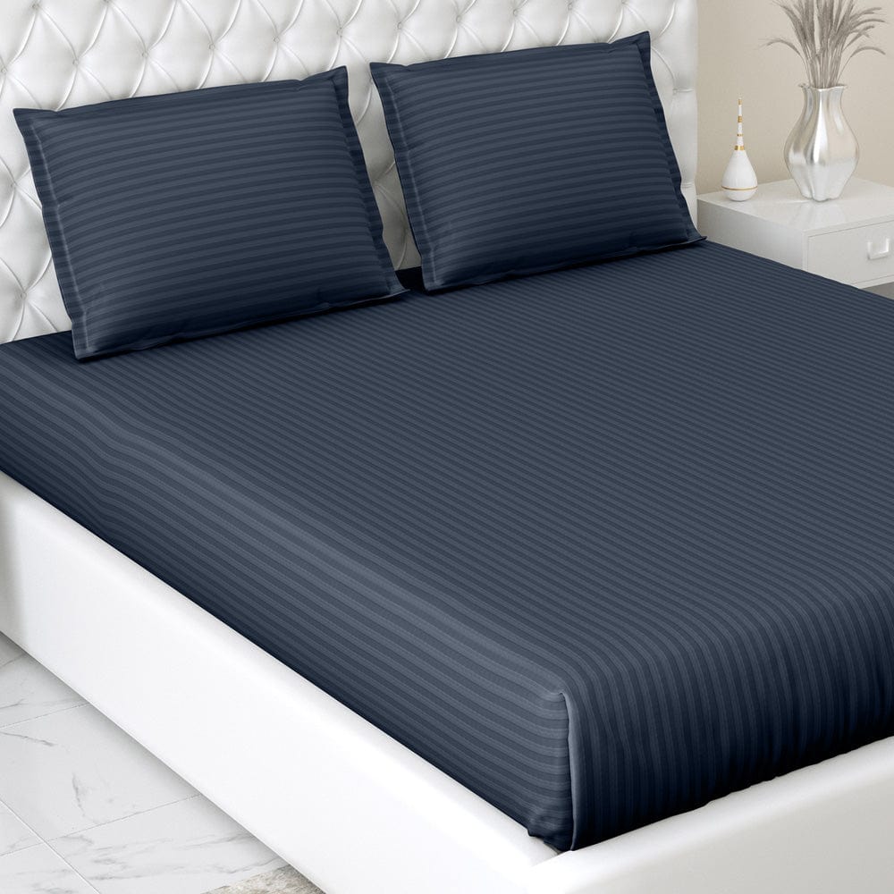 Navy Blue Satin Stripes Double Bedsheet, 210 TC