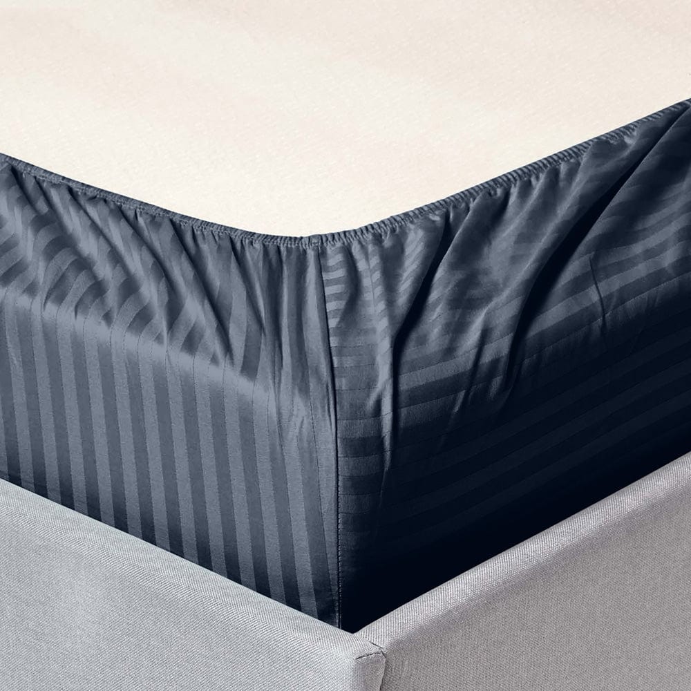 Navy Blue Satin Stripes Double Bedsheet, 210 TC