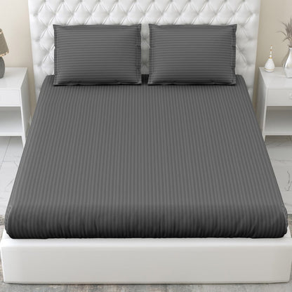 Dark Grey Satin Stripes Double Bedsheet, 210 TC