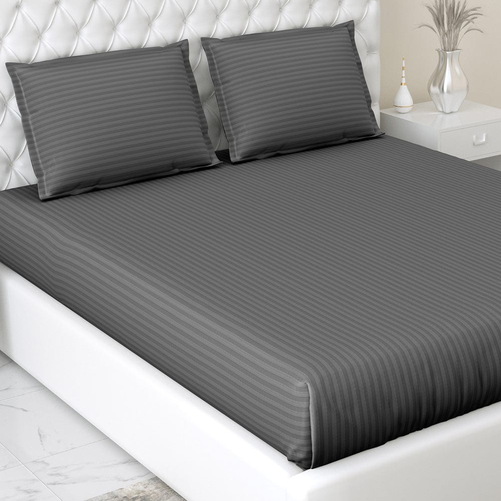 Dark Grey Satin Stripes King Bedsheet, 210 TC