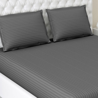 Dark Grey Satin Stripes Double Bedsheet, 210 TC