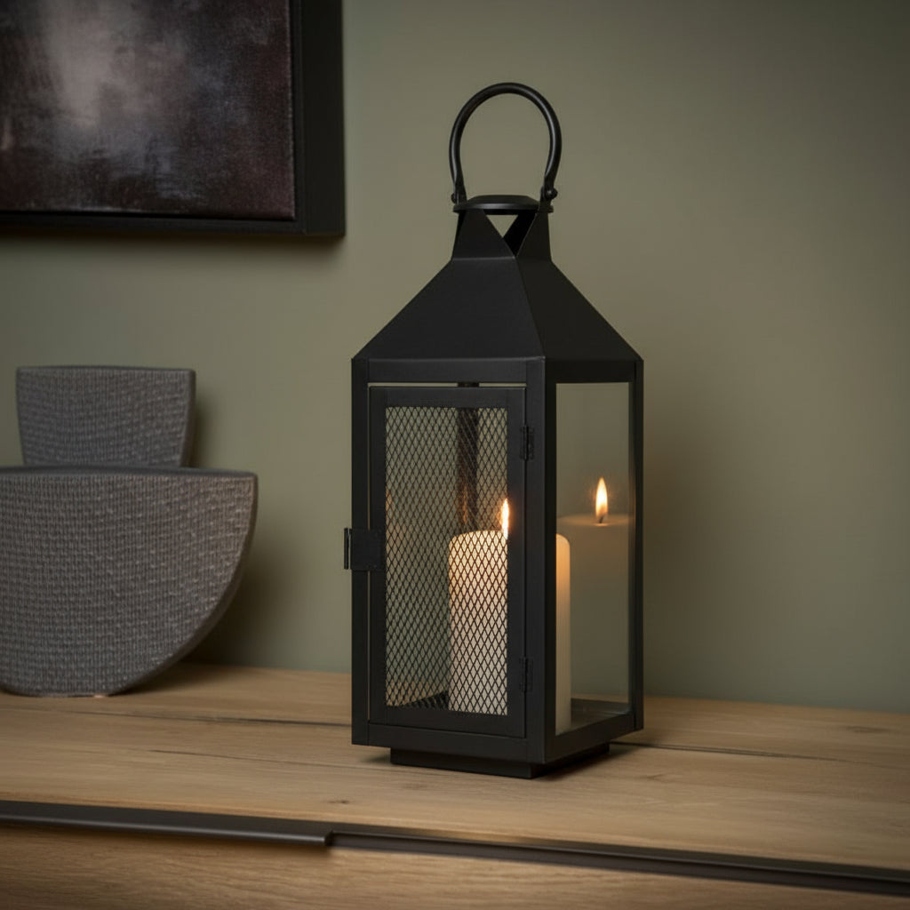Metal Glass Matt Black Lantern, Black