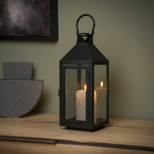 Metal Glass Matt Black Lantern, Black