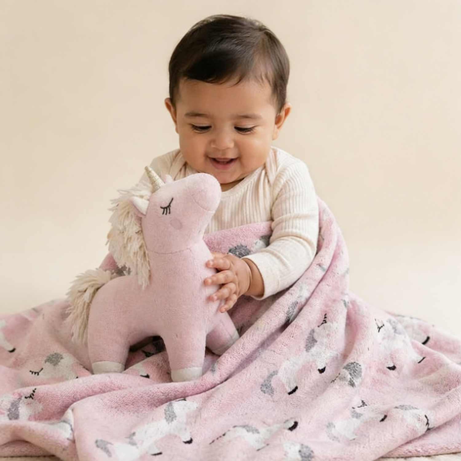 Fluffy Pony knitted Summer/AC blanket for baby with toy