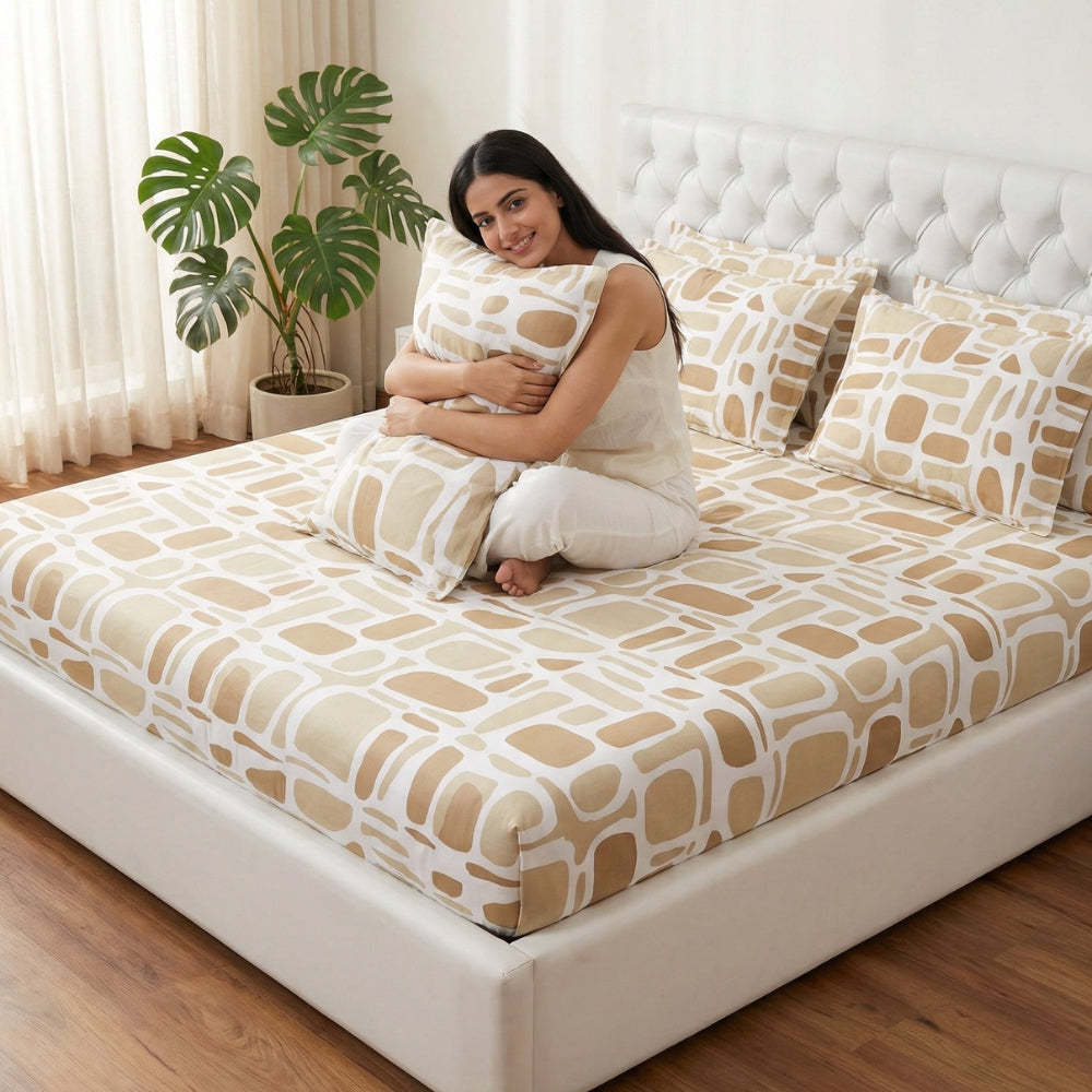 Modern Matrix 100% Cotton King Fitted Bedsheet, 144 TC