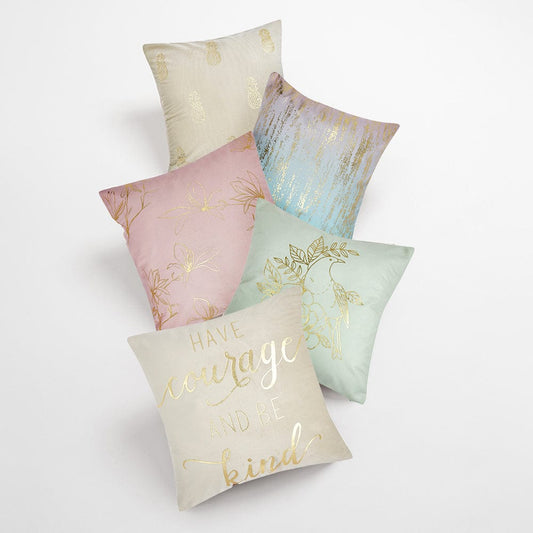 Gold Foil Printed Cotton Velvet Cushion Covers, set of 3 , Bright Bliss