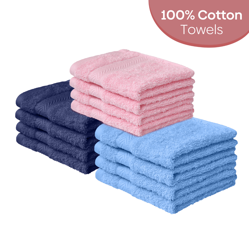 Face Towel Set of 12, 100% Cotton, Pink, Navy & Skyblue