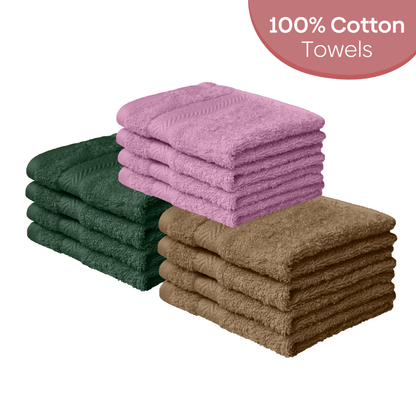 Face Towel Set of 12, 100% Cotton, Olive, Lilac & Brown
