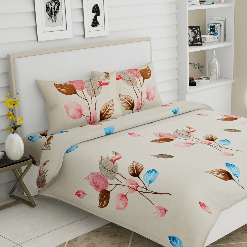Tropical Leaves Eleganza, 100% Cotton King Size Bedsheet, 186 TC, White Pink