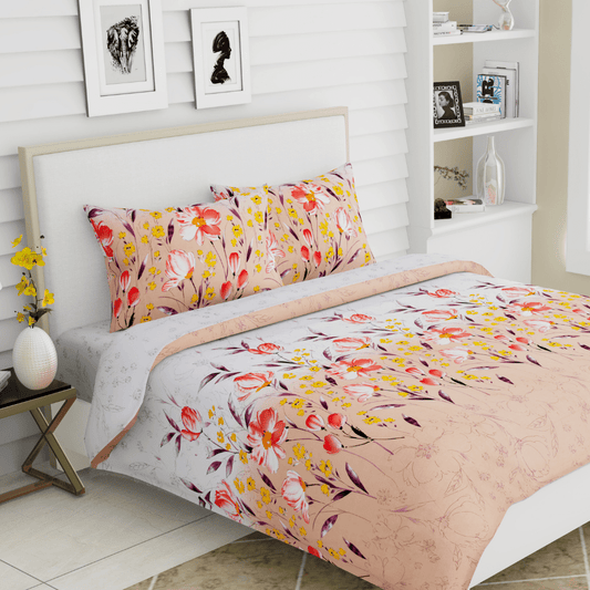 Tropical Leaves Eleganza, 100% Cotton King Size Bedsheet, 186 TC, Floral Peach