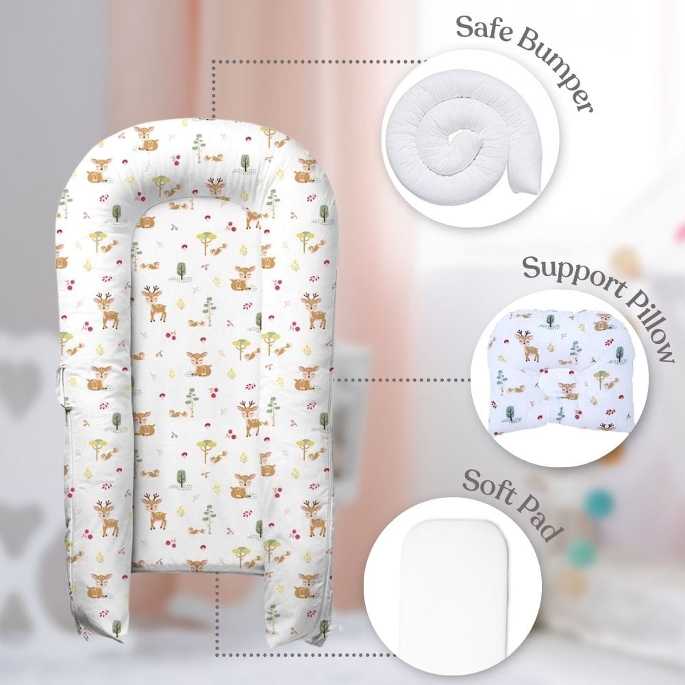 Whimsical Woodland Baby Sleeping Nest, Portable Adjustable Newborn Crib Bassinet, 0-24 Months