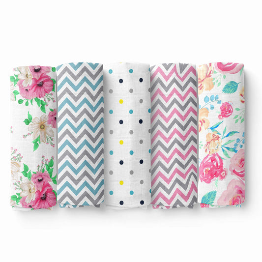 Florals 100% Cotton Muslin Swaddles, Colorful, Pack Of 5