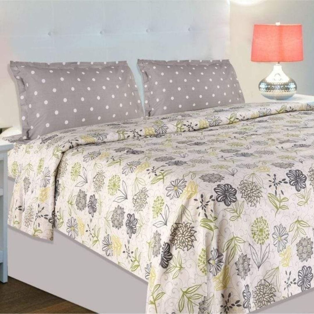 Tropical Floral Bloom, 100% Cotton Double Size Bedsheet, 186 TC, Green & Grey