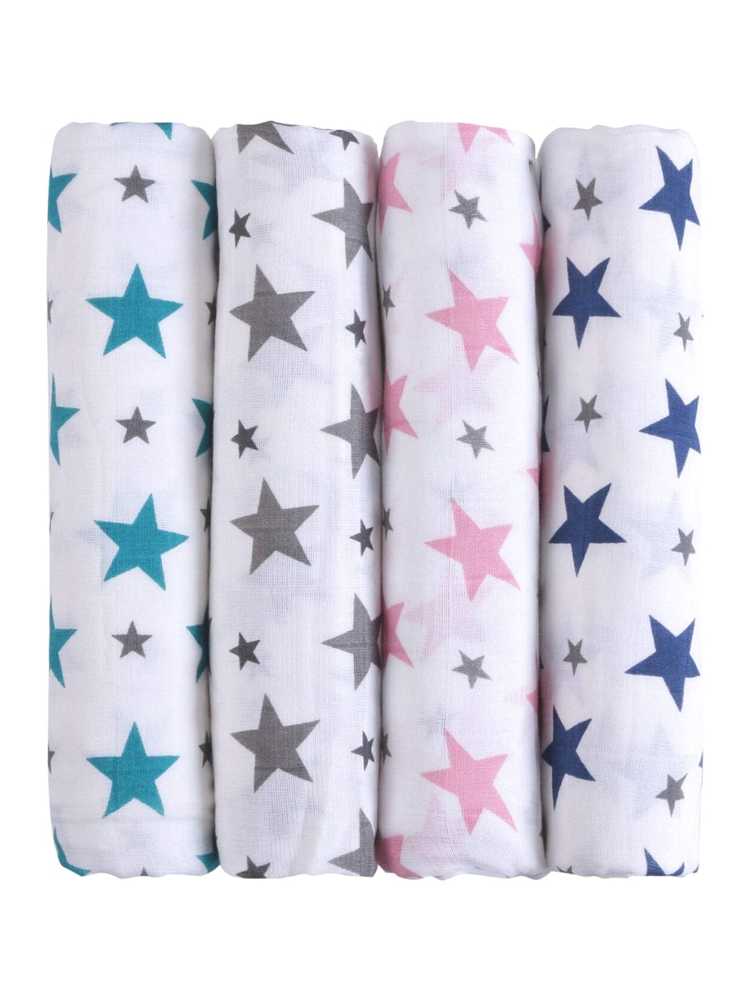 Stars 100% Cotton Muslin Swaddle Pack of 4 (Star Navy/pink/teal/grey)