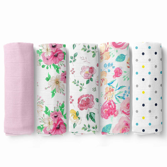 Florals/ Pink/ Dots 100% Cotton Muslin Swaddles, Pack Of 5