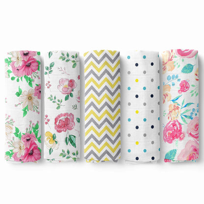 Florals/ Dots/ Yellow 100% Cotton Muslin Swaddle, Pack Of 5