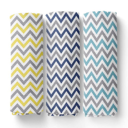 Chevron Stripes 100% Cotton Muslin Swaddle Pack Of 3 (Navy, Turquoise, Yellow)