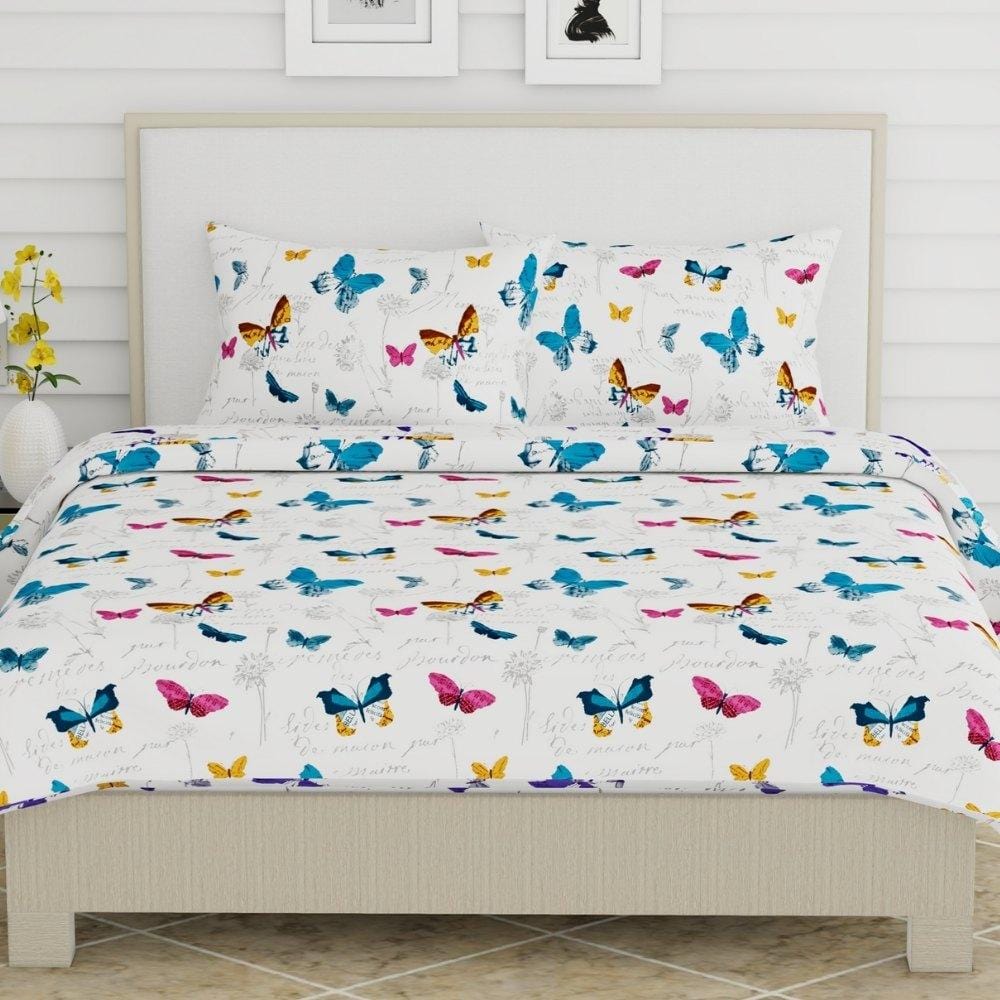 French Riviera Beau Papillon, 100% Cotton Double Size Bedsheet, 186 TC