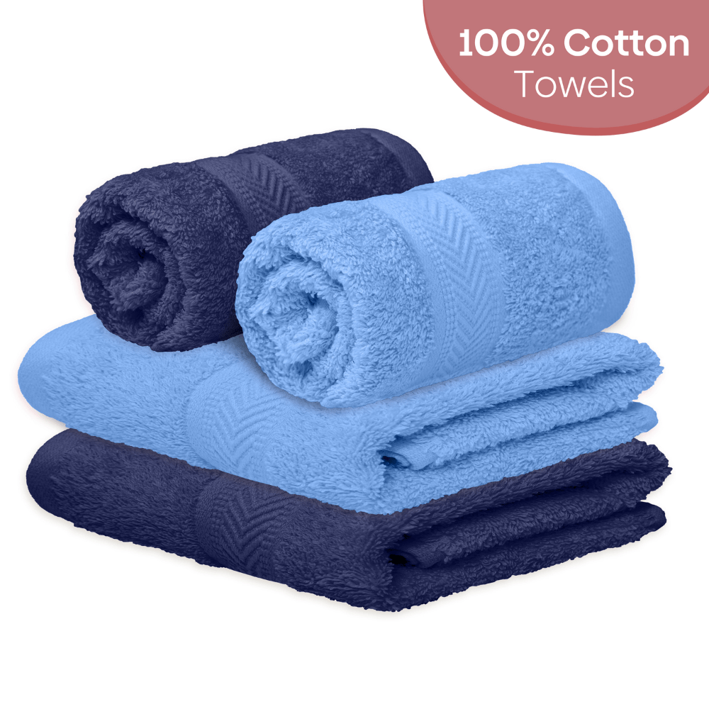 Hand Towel Set of 4, 100% Cotton, Skyblue & Navy