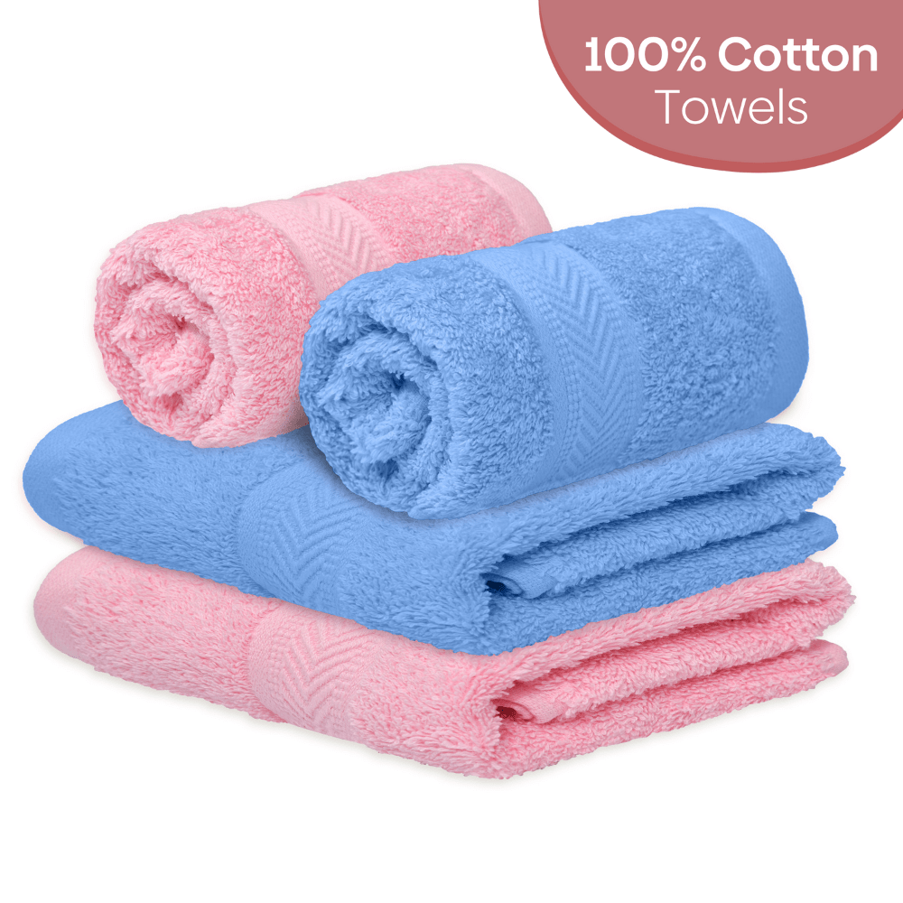 Hand Towel Set of 4, 100% Cotton, Pink & Skyblue