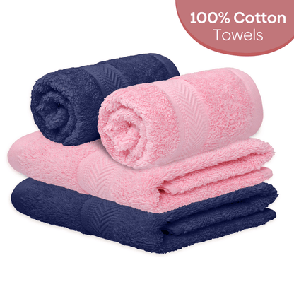 Hand Towel Set of 4, 100% Cotton, Pink & Navy