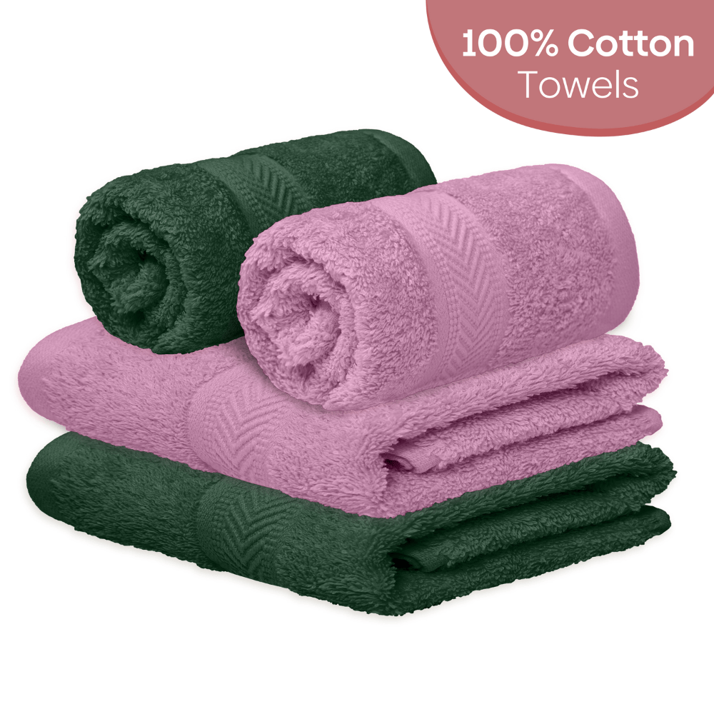 Hand Towel Set of 4, 100% Cotton, Olive & Lilac