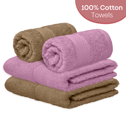 Hand Towel Set of 4, 100% Cotton, Brown & Lilac