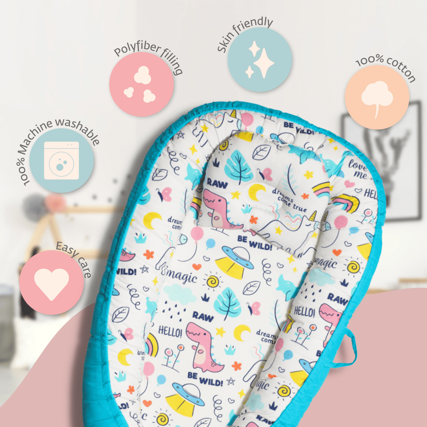 Mystic Rainbow Tale Baby Sleeping Nest, Portable Adjustable Newborn Crib Bassinet, 0-24 Months