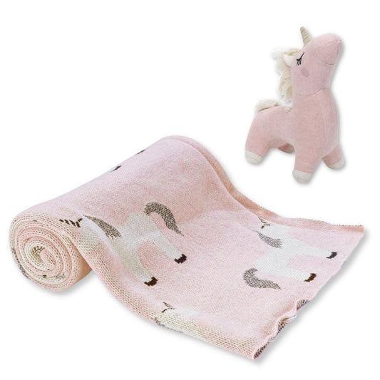 Fluffy Pony knitted Summer/AC blanket for baby with toy