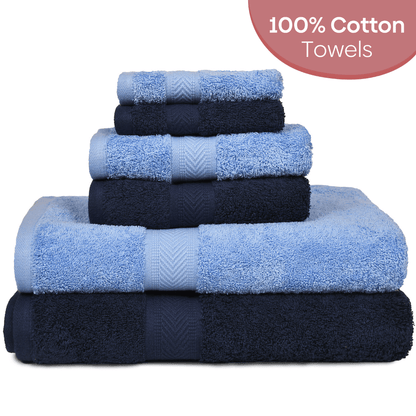 Towel Set of 6, 100% Cotton, Skyblue & Navy