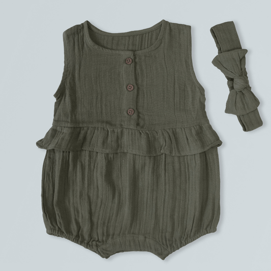 Crinkled Muslin Fashion Romper with Headband, Olive