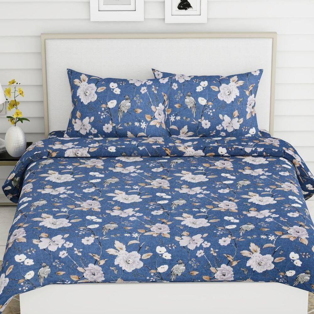 Spanish Floral Patio,100% Cotton King Size Bedsheet, 186 TC, Blue