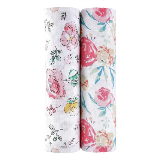 Florals 100% Cotton Muslin Swaddle Pack Of 2 (Ditsy, Happy) - haus & kinder