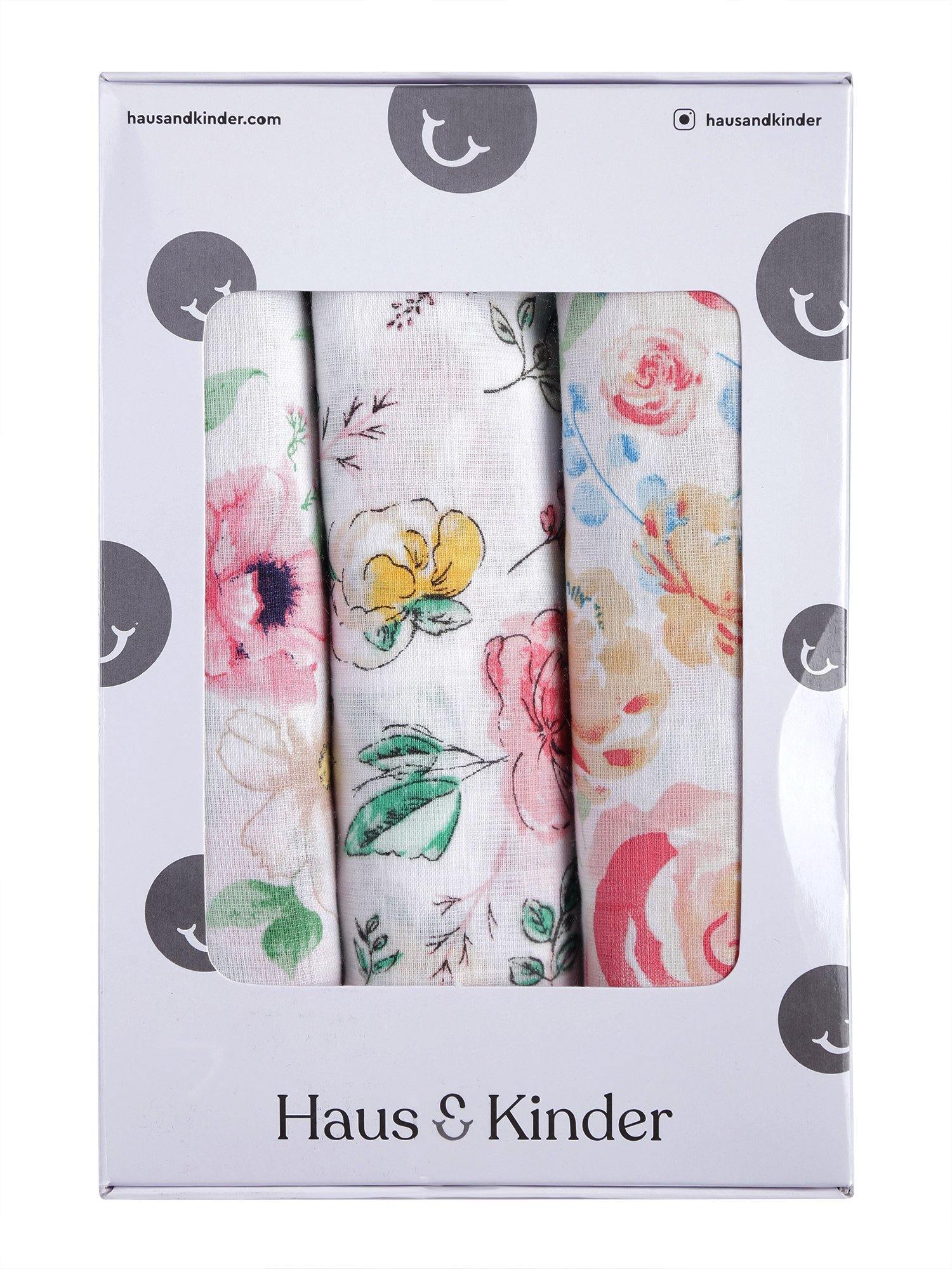 Florals 100% Cotton Muslin Swaddle Pack Of 5 (Florals, Dots, Bird) - haus & kinder
