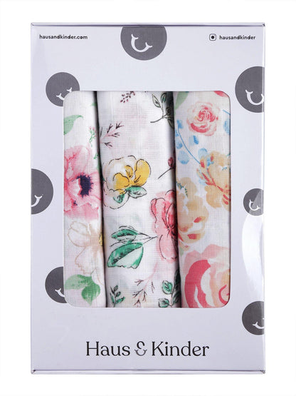 Florals 100% Cotton Muslin Swaddle Pack Of 5 (Florals, Dots, Yellow) - haus & kinder