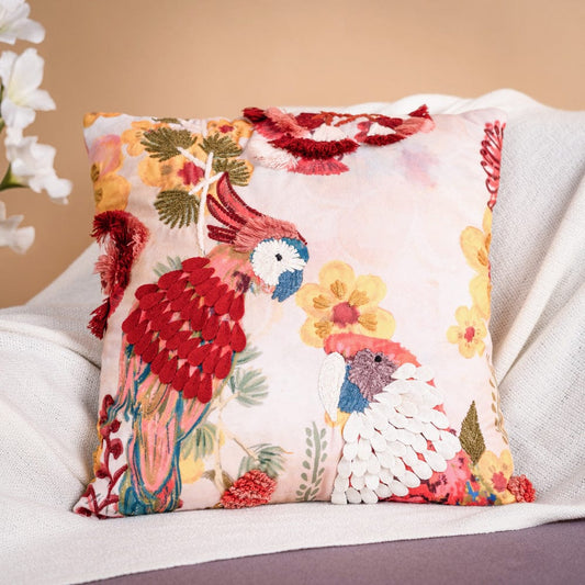 Embroidered Pair of Macaws cushion cover, Pack of 1